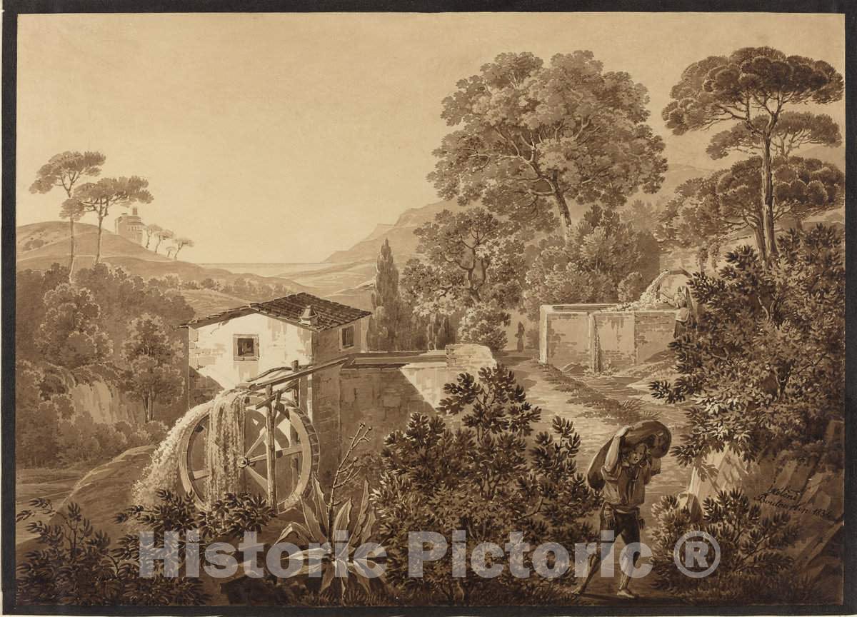 Art Print : HÃ©lÃ¨ne Boutourlin, Italian Landscape with a Watermill, 1834 - Vintage Wall Art