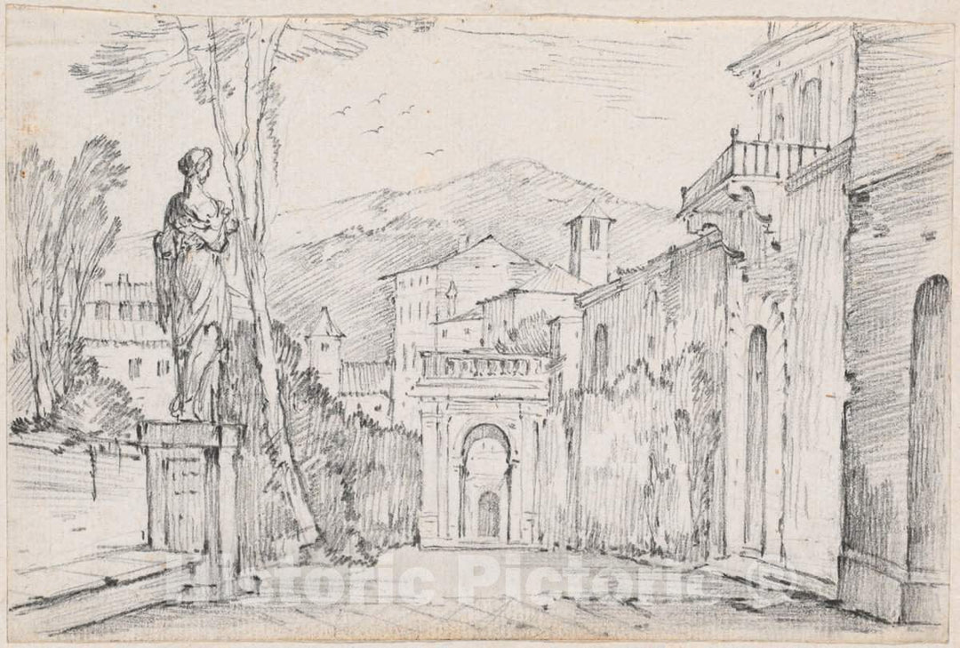 Art Print : Joseph-Marie Vien, A Roman Street with Monte Cavo in The Distance, c.1747 - Vintage Wall Art