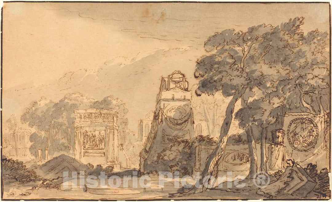 Art Print : Agostino Mitelli, Landscape with Ancient Tombs - Vintage Wall Art