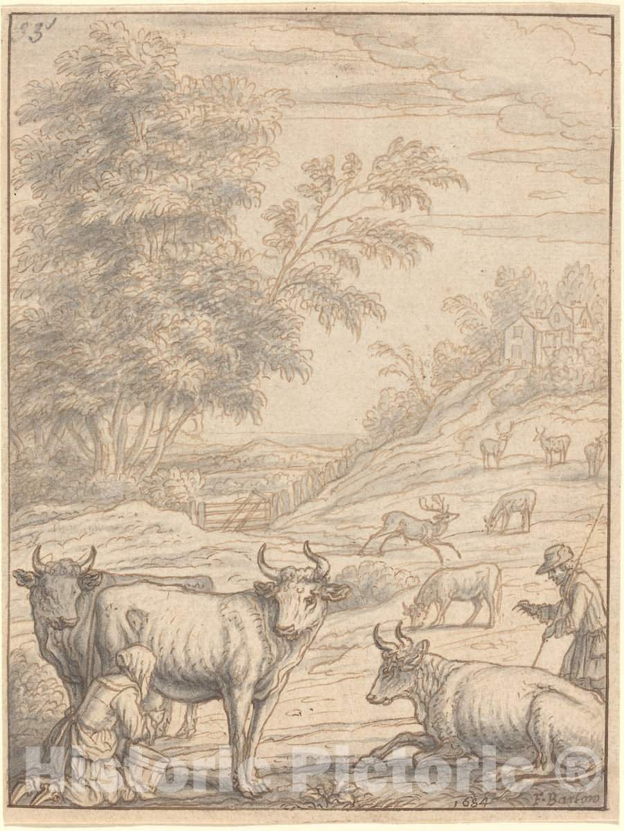 Art Print : Francis Barlow, A Meadow with Cattle and Deer, 1684 - Vintage Wall Art