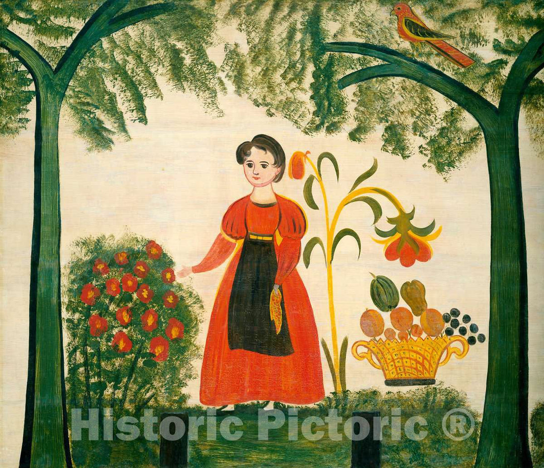 Art Print : Girl in Red with Flowers and a Distelfink, c. 1830 - Vintage Wall Art