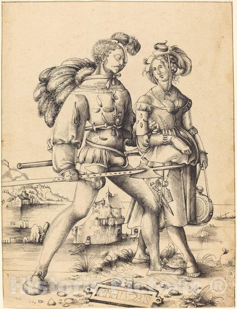 Art Print : Circle of Urs GRAF I, A Soldier Walking with a Camp Follower, 1523 - Vintage Wall Art