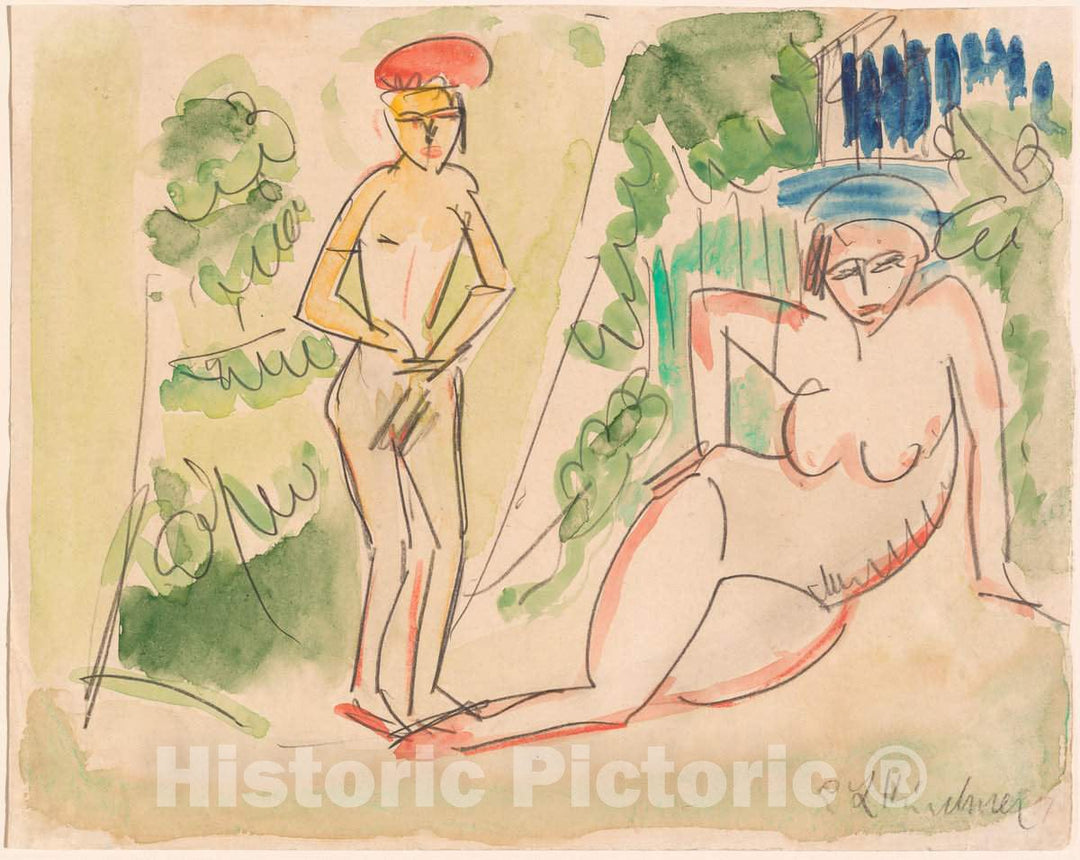 Art Print : Ernst Ludwig Kirchner, Two Bathers Near The Woods, c.1911 - Vintage Wall Art