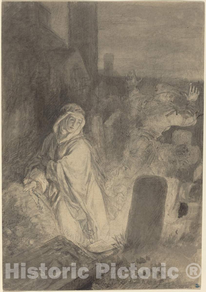 Art Print : Joseph Fay, A Man Fleeing from a Nun Praying in a Cemetery - Vintage Wall Art