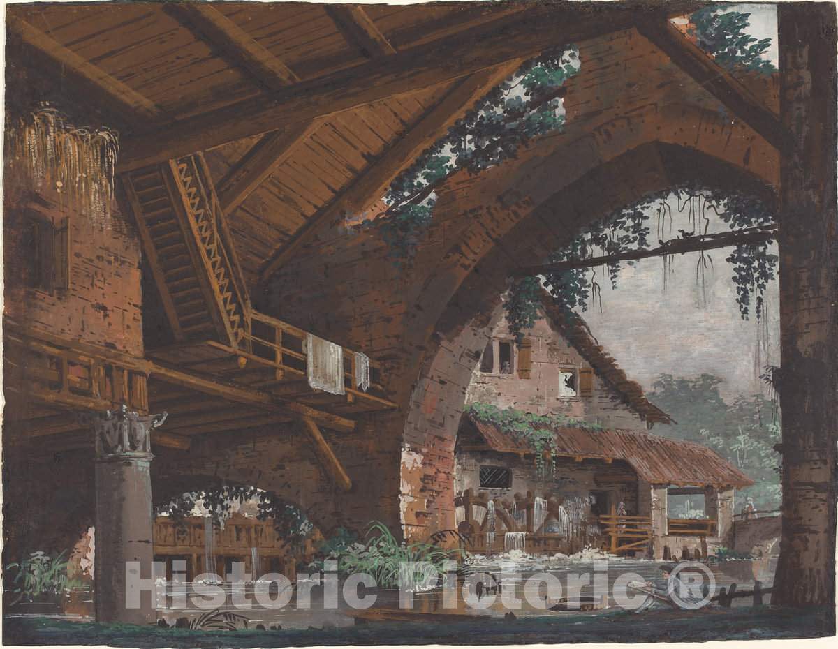 Art Print : Caspar Wolf, Architectural Fantasy of Antique Ruins with a Watermill, 1760s - Vintage Wall Art