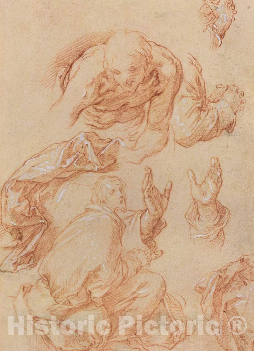 Art Print : Abraham Bloemaert, Studies of Hands and Bending Figures [Verso] - Vintage Wall Art