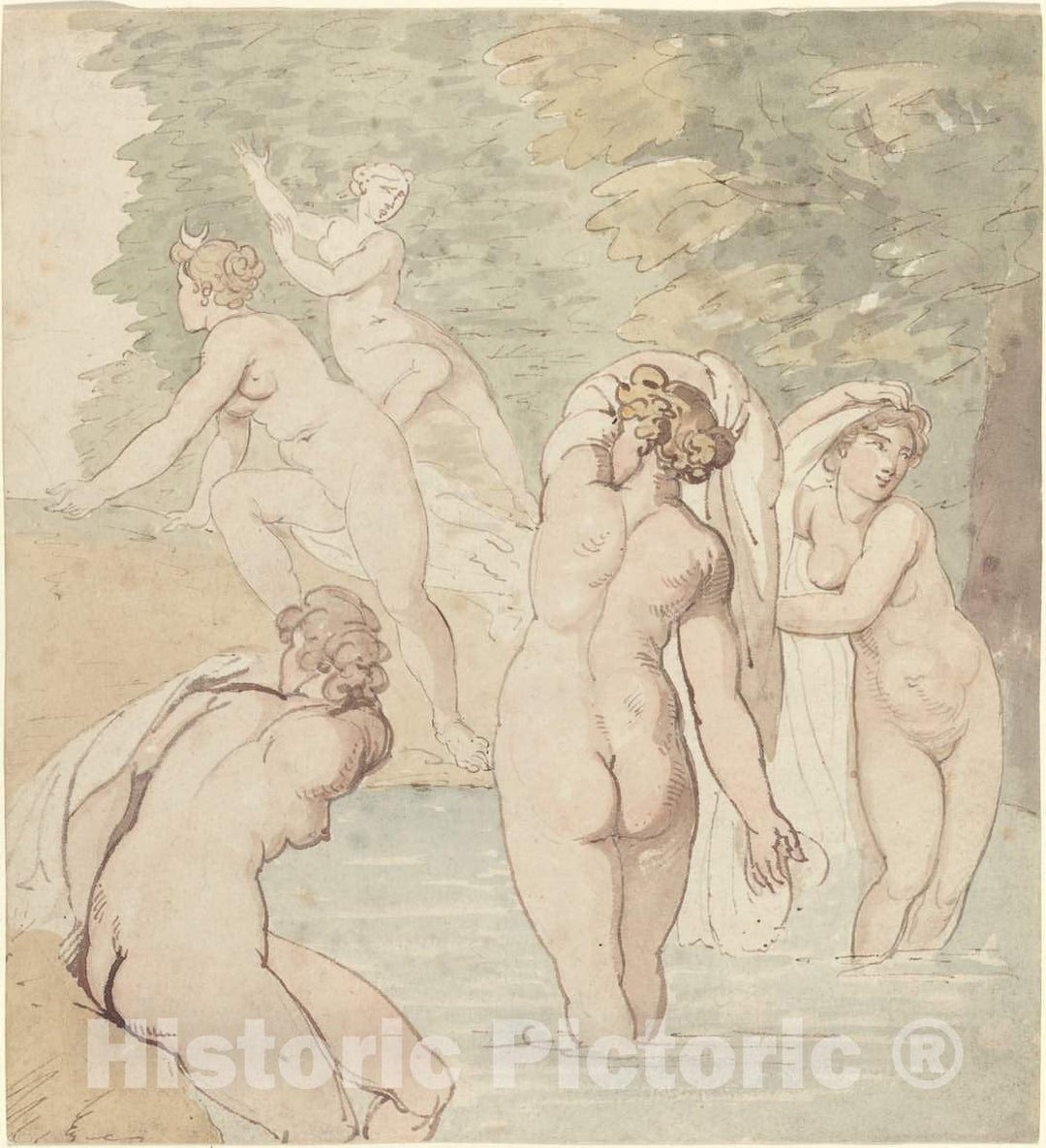 Art Print : Rowlandson, Diana and Her Nymphs Bathing - Vintage Wall Art