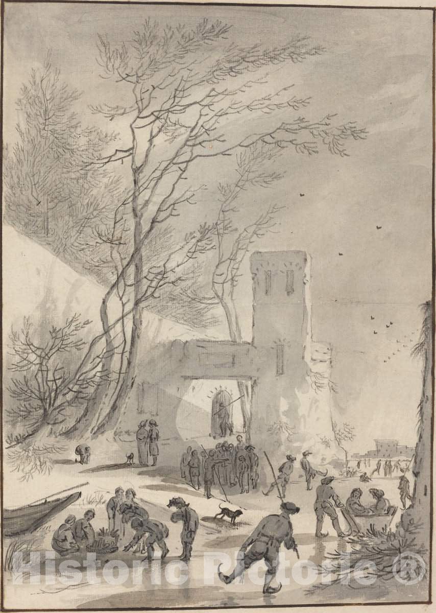 Art Print : Hendrik Van der Straaten, Skaters Outside a City Wall - Vintage Wall Art