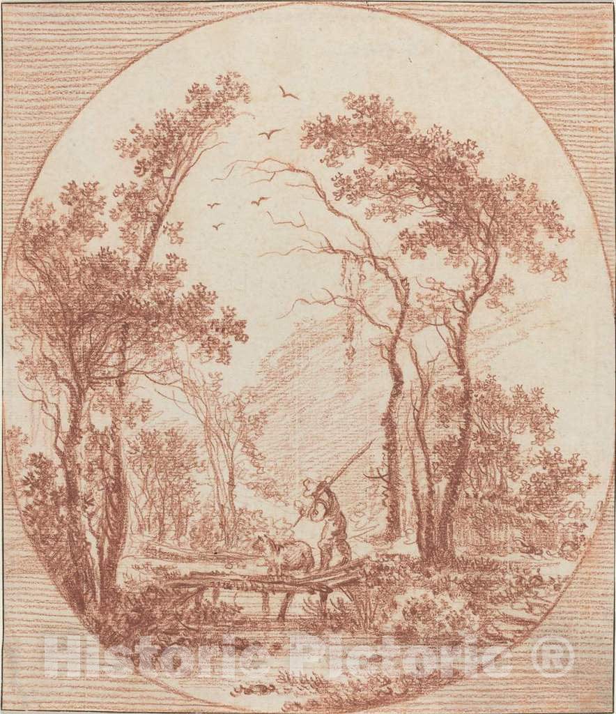 Art Print : Baptiste Le Prince, A Farmer and a Sheep Crossing a Rustic Bridge - Vintage Wall Art