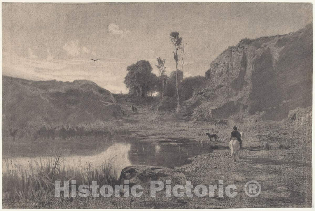 Art Print : Adolphe Appian, A Rider by a Mountain Pond at Sunset, 1870s - Vintage Wall Art