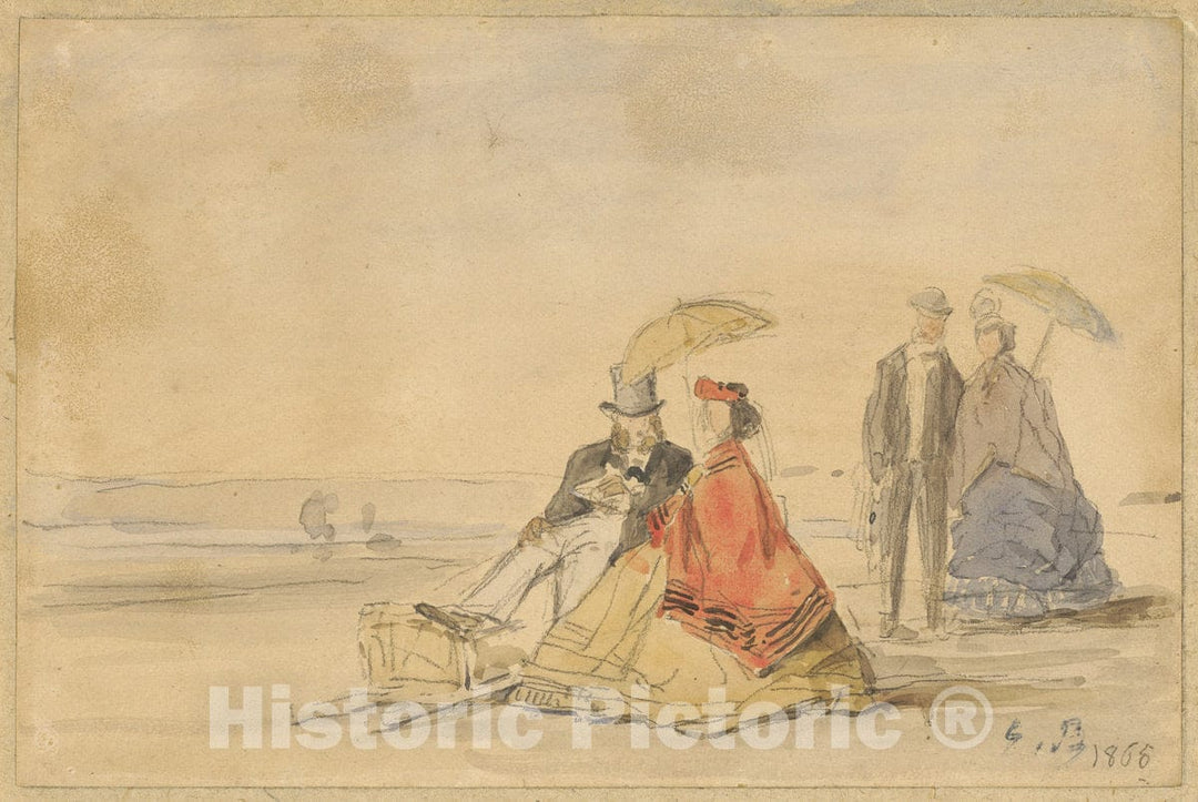 Art Print : EugÃ¨ne Boudin, A Couple Seated and a Couple Walking on The Beach, 1865 - Vintage Wall Art