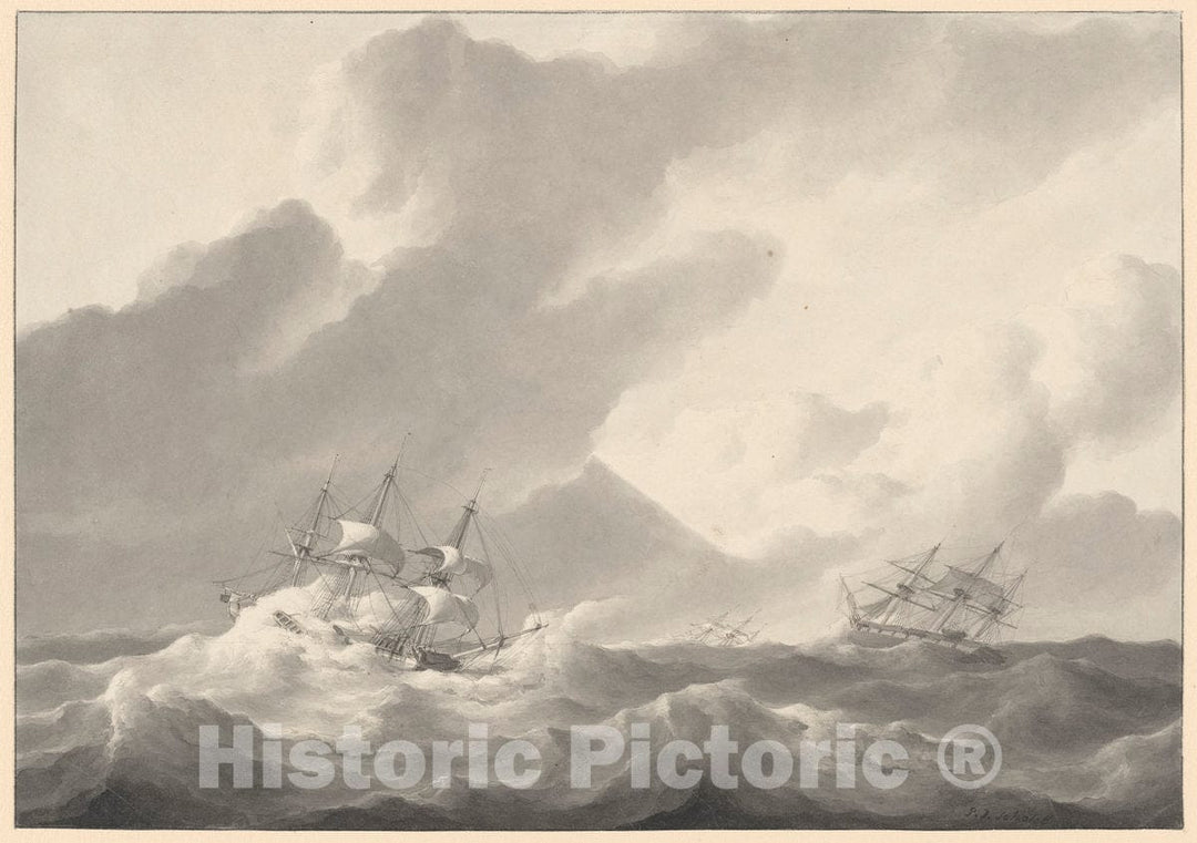 Art Print : Petrus Johannes Schotel, Ships in a Stormy Sea, c. 1840 - Vintage Wall Art