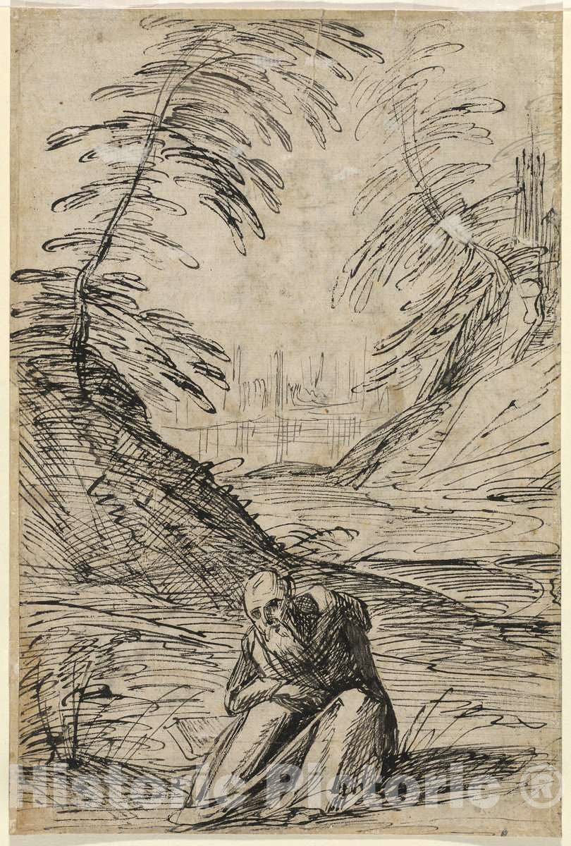 Art Print : Hermann Weyer, Desert Landscape with a Hermit (Verso), c.1618 - Vintage Wall Art