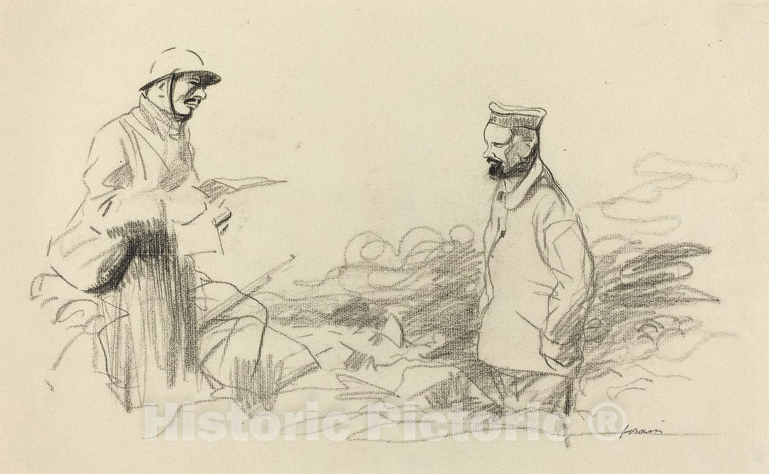 Art Print : Louis Forain, Poilu Acknowledging German Soldier, 1918 - Vintage Wall Art