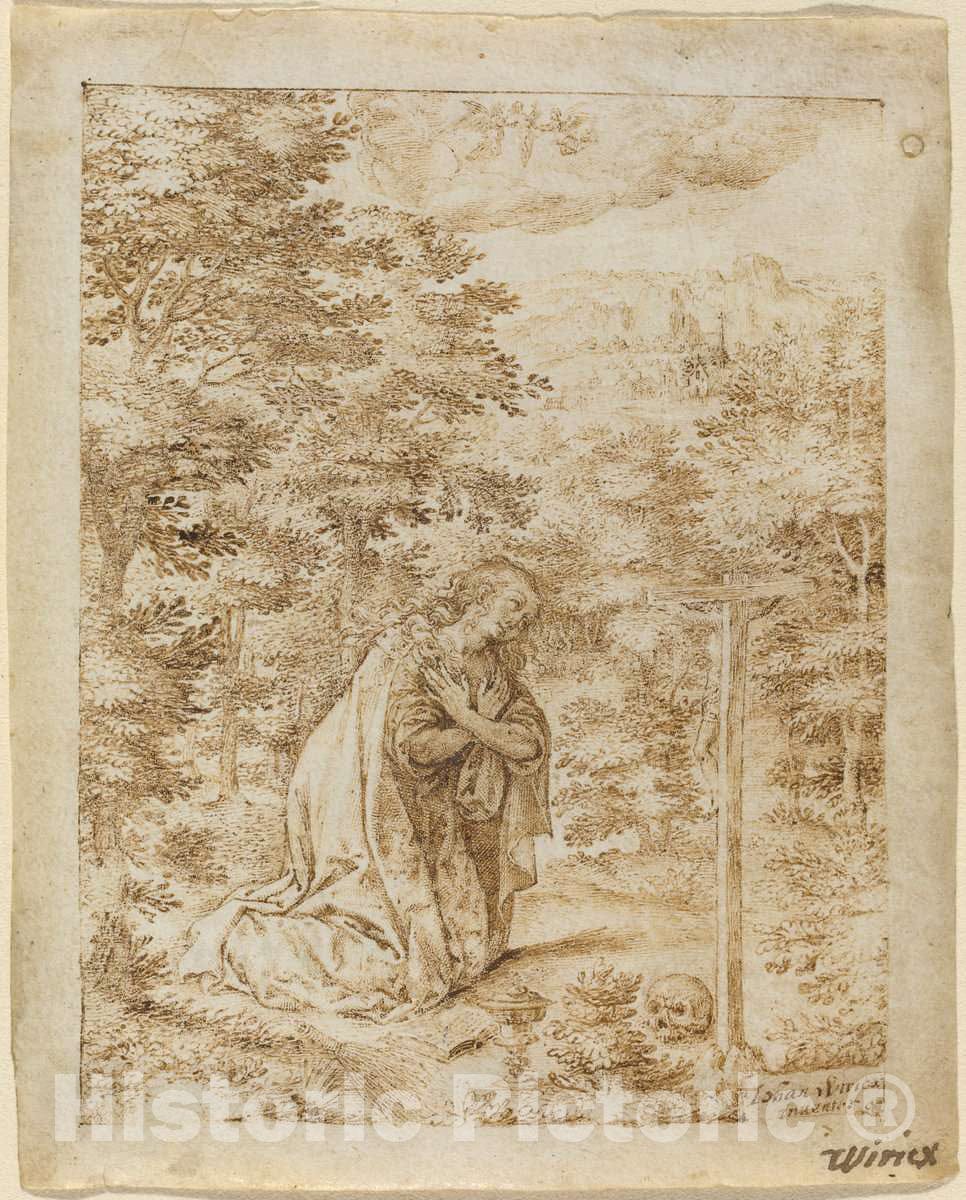 Art Print : Johan Wierix, Mary Magdalene Praying in The Wilderness - Vintage Wall Art