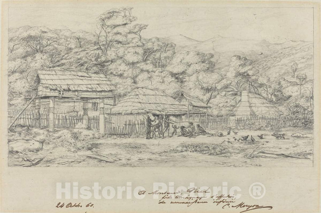 Art Print : Charles Meryon, Greniers indigenes et habitations a Akaroa, presqu'Ile de Banks, 1860 - Vintage Wall Art