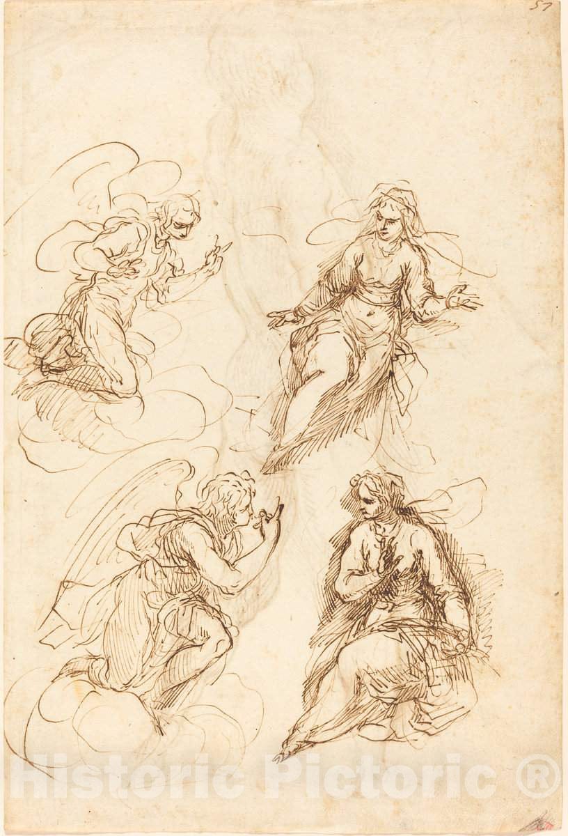 Art Print : Jacopo Palma il Giovane, Studies for an Annunciation [Recto] - Vintage Wall Art