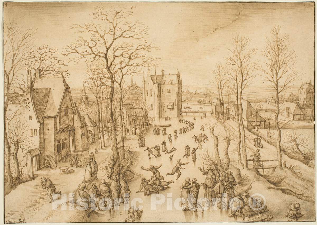 Art Print : Hans BOL, Winter Landscape with Skaters, c.1585 - Vintage Wall Art