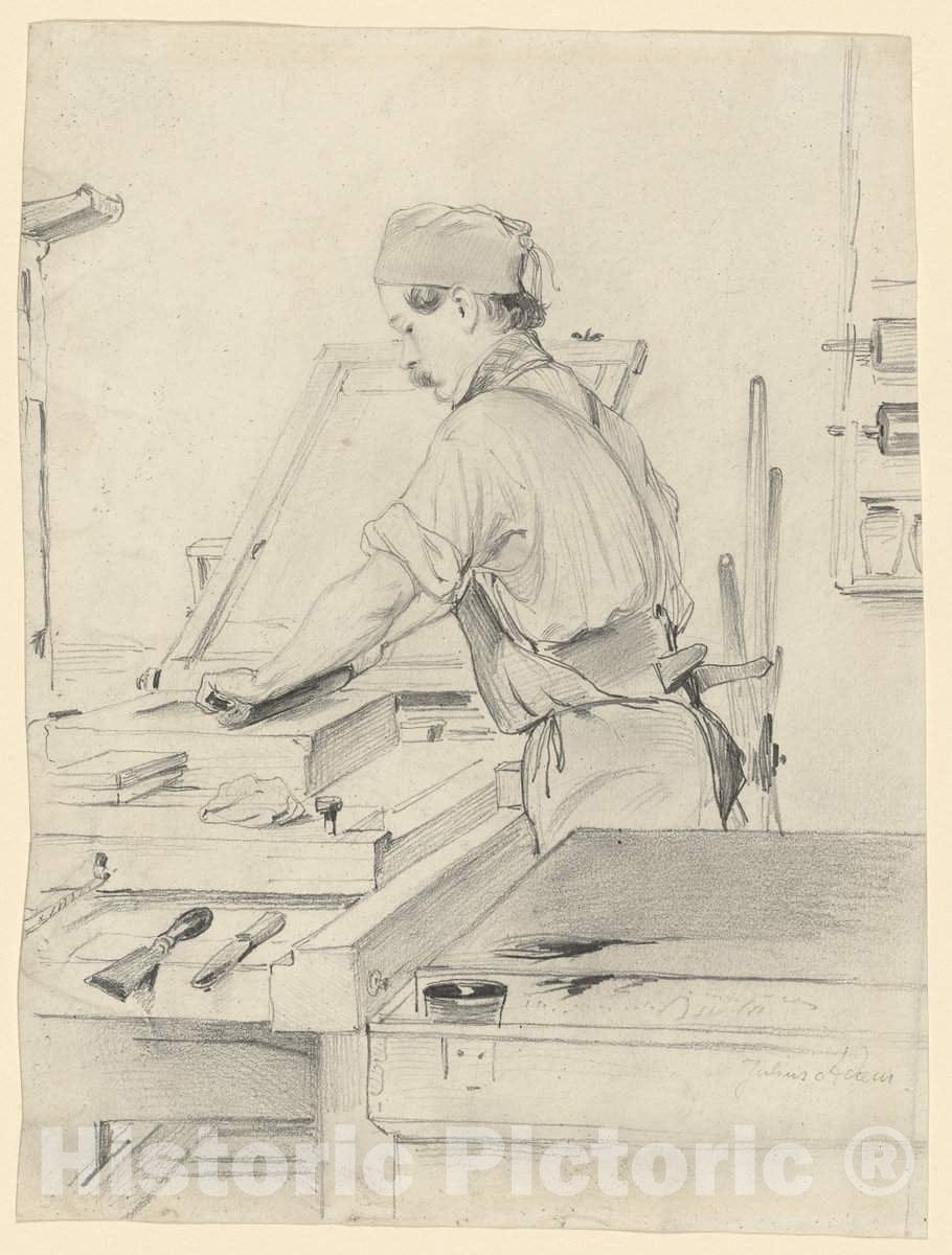 Art Print : Julius Adam, Self-Portrait Working at a Lithographic Press, 1847 - Vintage Wall Art