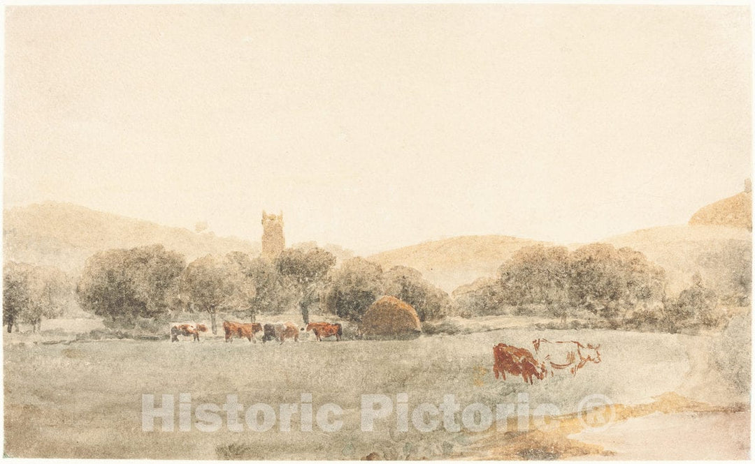 Art Print : De Wint, A Meadow with Cattle Near Glastonbury - Vintage Wall Art