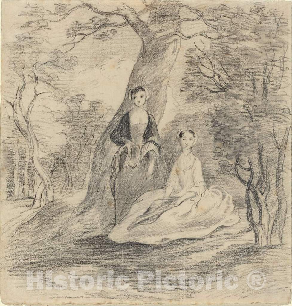 Art Print : George Frost, Two Girls in a Landscape - Vintage Wall Art