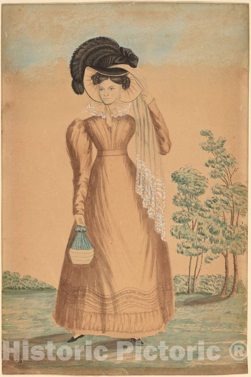 Art Print : Woman with Plumed Hat, c. 1825 - Vintage Wall Art