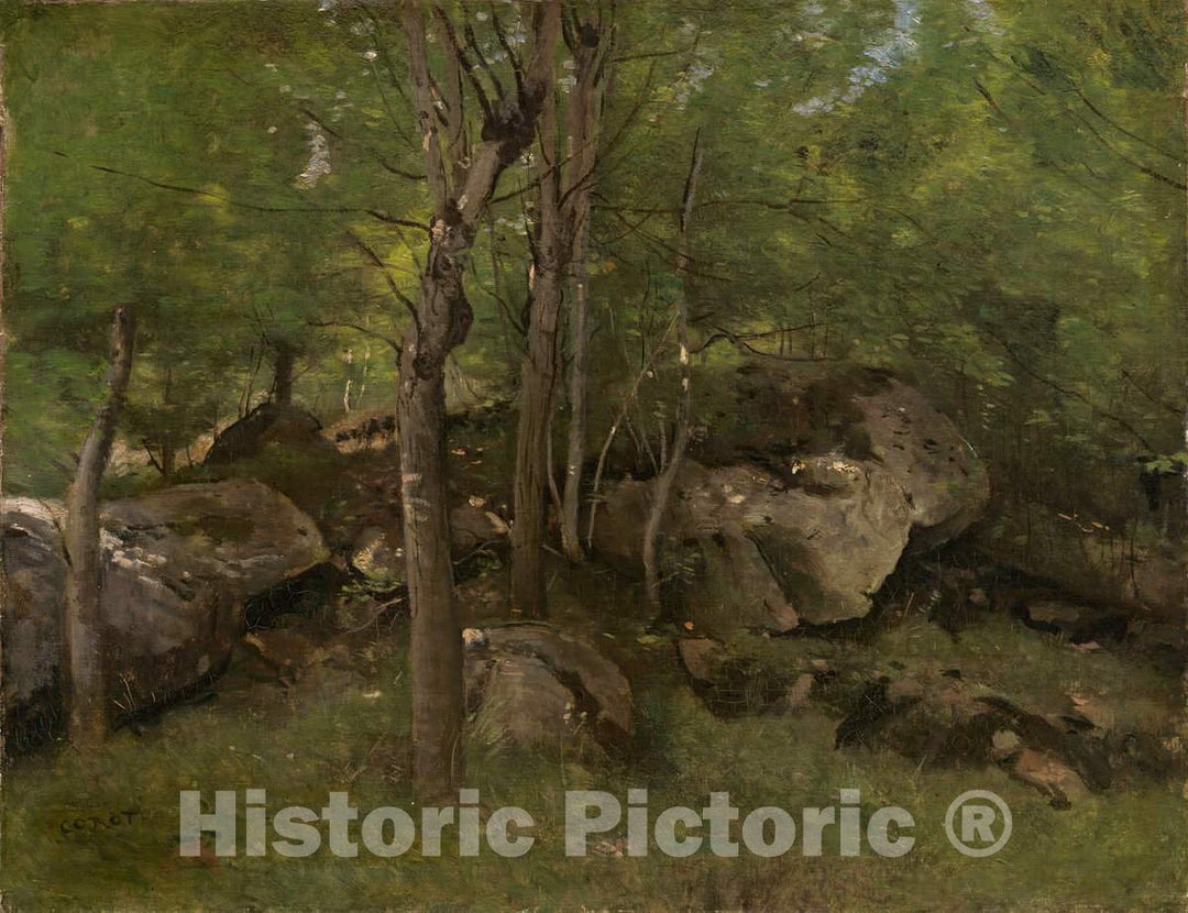 Art Print : Baptiste-Camille Corot, Rocks in The Forest of Fontainebleau, c.1863 - Vintage Wall Art