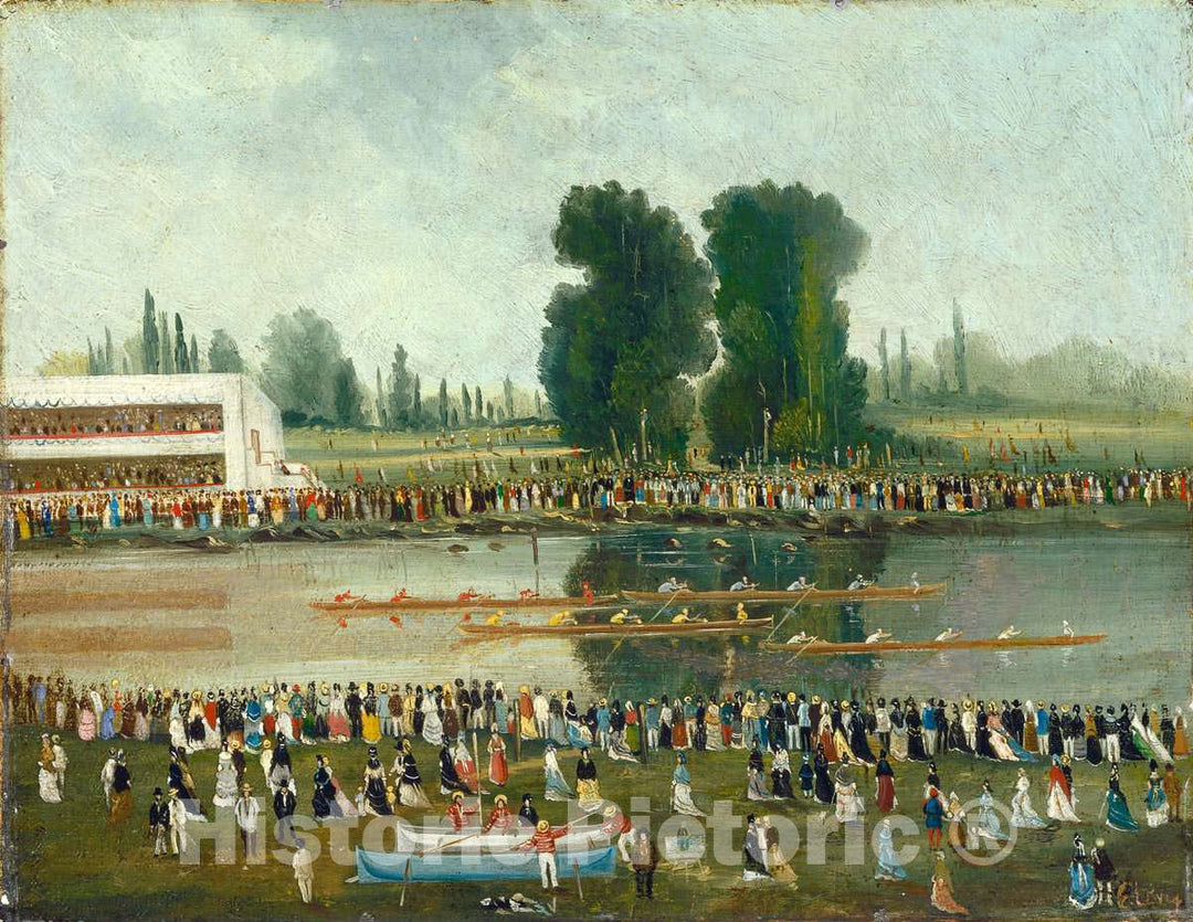 Art Print : Levy, Rowing Scene: Crowds Watching from The River Banks, Late 19th Century - Vintage Wall Art