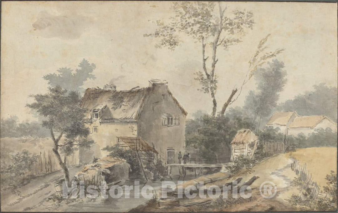 Art Print : Louis Gabriel Moreau, Mill with Bridge and Figures - Vintage Wall Art