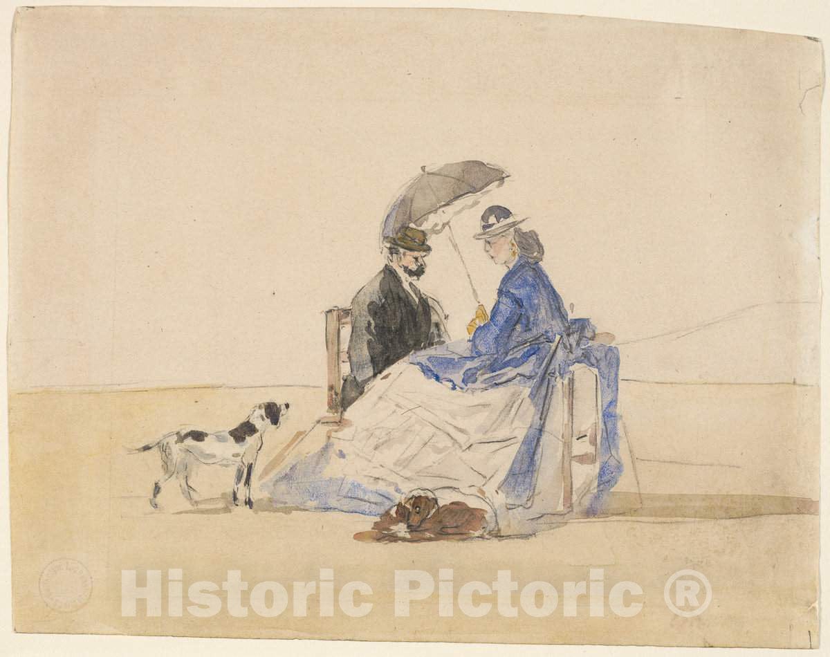 Art Print : EugÃ¨ne Boudin, A Couple Seated on The Beach with Two Dogs, c. 1865 - Vintage Wall Art