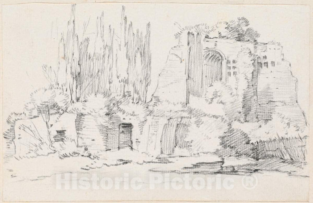 Art Print : Joseph-Marie Vien, Roman Ruins with a Stand of Cypresses, c.1747 - Vintage Wall Art