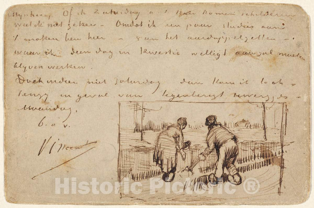 Art Print : Vincent Van Gogh, Postcard with Two Peasants Digging, 1885 - Vintage Wall Art