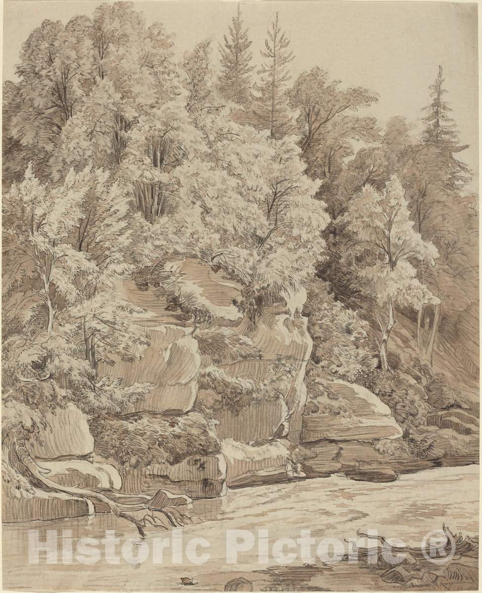 Art Print : Carl Wagner, Wooded Cliffs Along a Stream, 1840s - Vintage Wall Art