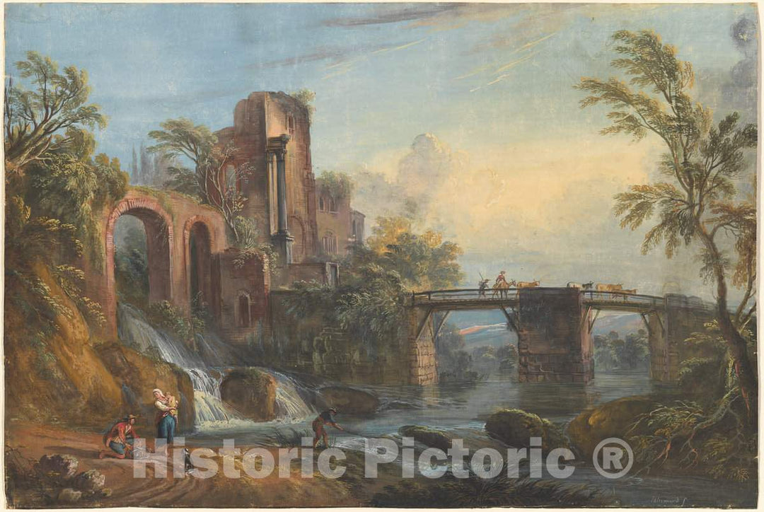 Art Print : Lallemand, Dawn Landscape with Classical Ruins, 1760s? - Vintage Wall Art