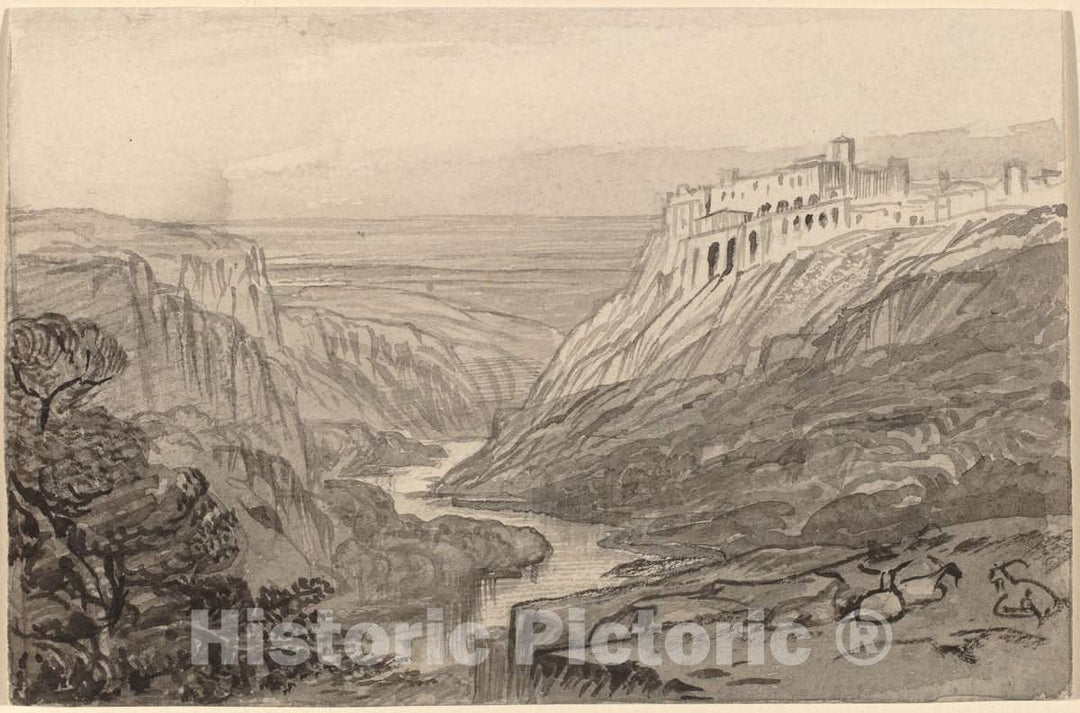 Art Print : Edward Lear, Goats Resting Above a River Gorge (Narni, Italy), c.1885 - Vintage Wall Art