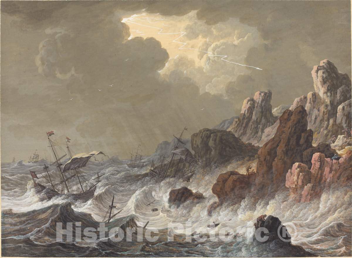 Art Print : Johann Christoph Dietzsch, Storm-Tossed Ships Wrecked on a Rocky Coast - Vintage Wall Art