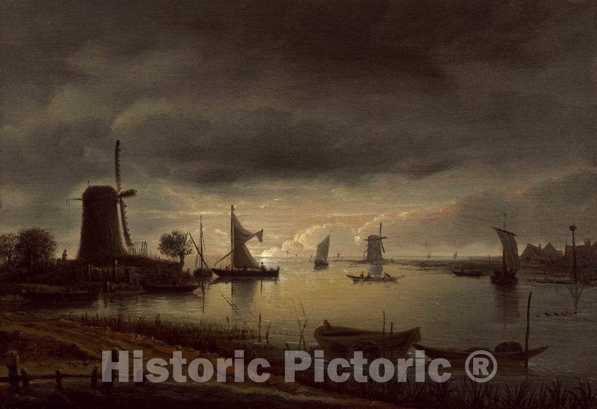 Art Print : Anthonie Van Borssom, River Scene with Windmill and Boats, Evening, c. 1645 - Vintage Wall Art