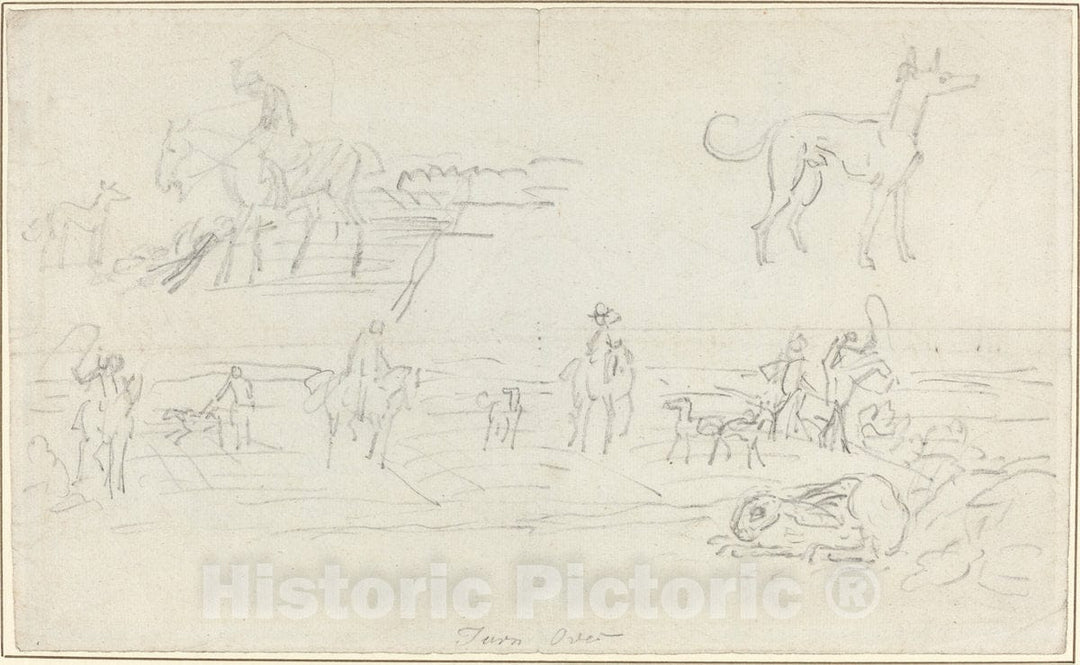 Art Print : James Seymour, Huntsmen with Hounds and a Crouching Hare [Recto] - Vintage Wall Art