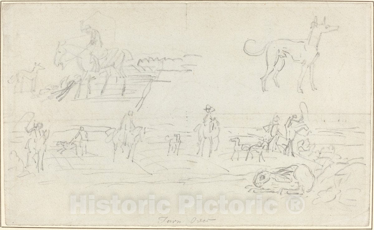 Art Print : James Seymour, Huntsmen with Hounds and a Crouching Hare [Recto] - Vintage Wall Art