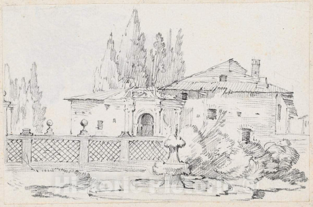 Art Print : Joseph-Marie Vien, House and Trees Across a Garden Wall, c.1747 - Vintage Wall Art