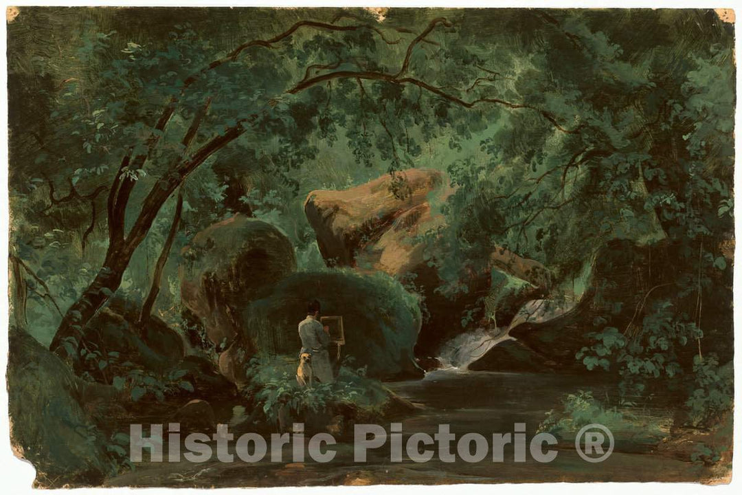 Art Print : AndrÃ© Giroux, Forest Interior with a Painter, Civita Castellana, c.1828 - Vintage Wall Art