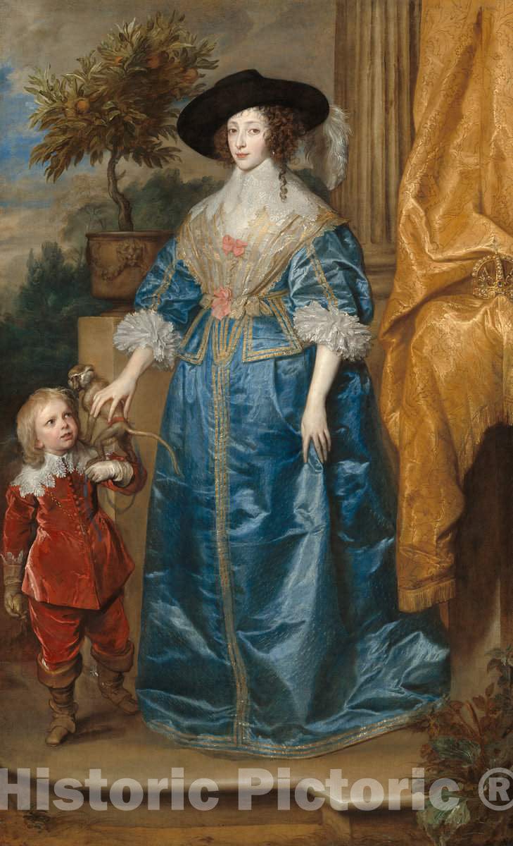 Art Print : Sir Anthony Van Dyck, Queen Henrietta Maria with Sir Jeffrey Hudson, 1633 - Vintage Wall Art