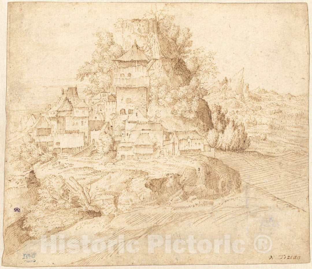 Art Print : Giulio Campagnola, A Village by a Cliff (Recto), c. 1513 - Vintage Wall Art