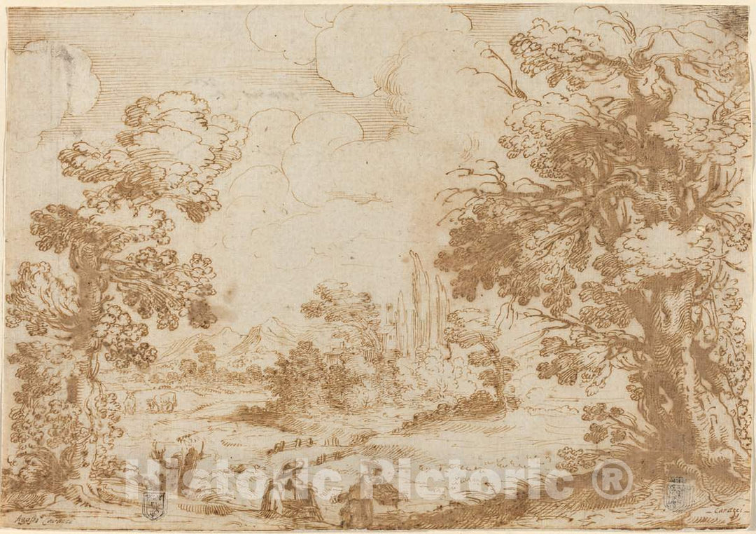 Art Print : Agostino Carracci, Landscape with Two Washerwomen, 1580s - Vintage Wall Art