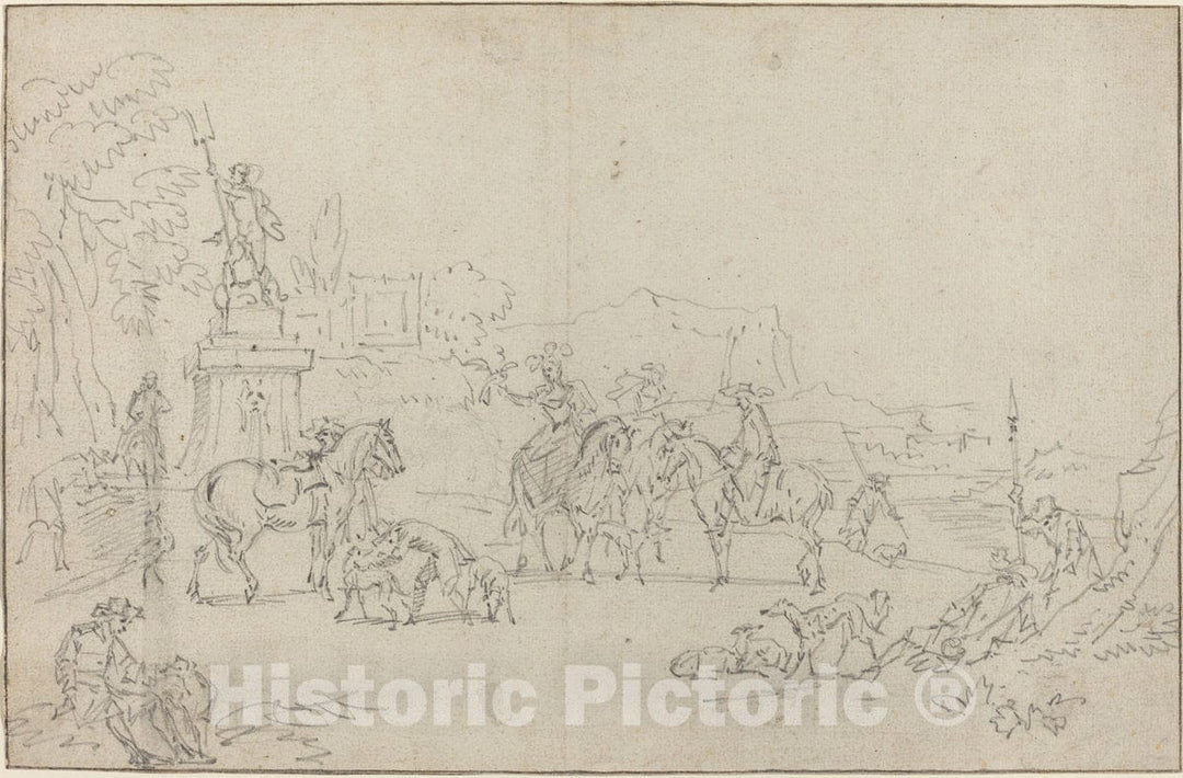 Art Print : Peeter Bout, an Elegant Hunting Party Resting by a Fountain, 1685 - Vintage Wall Art