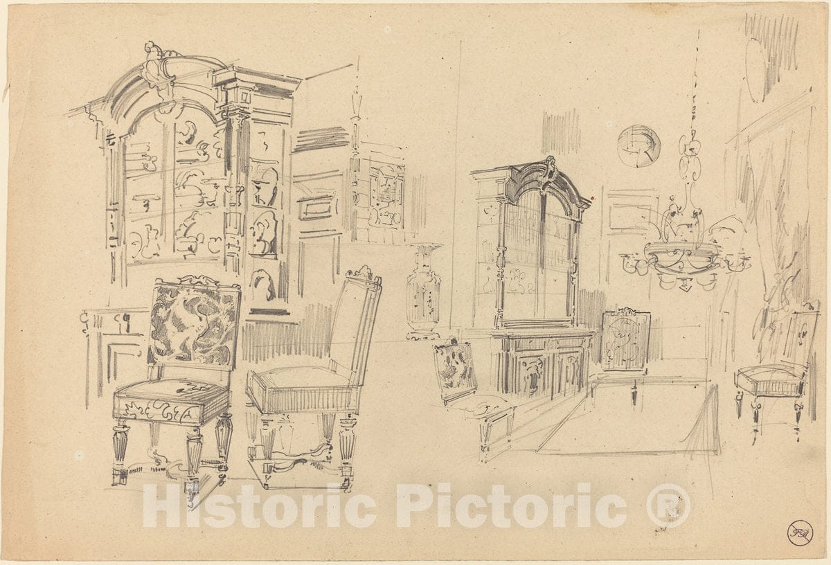 Art Print : FÃ©lix-Hilaire Buhot, Two Studies of an Interior with Furniture - Vintage Wall Art