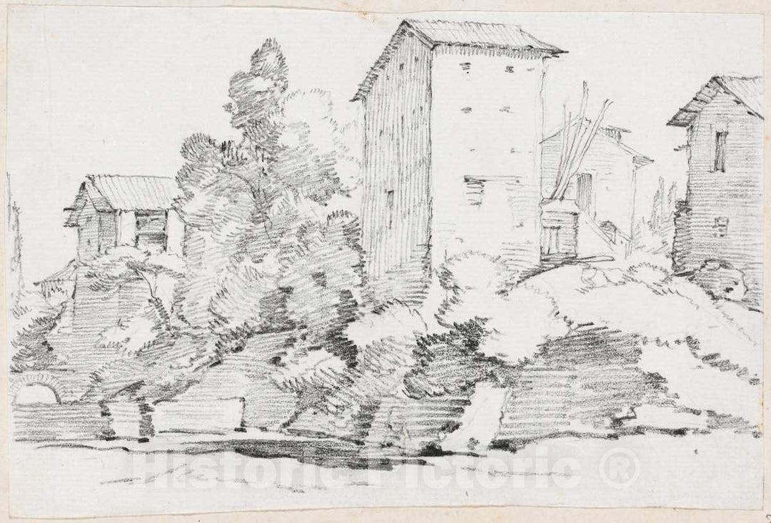 Art Print : Joseph-Marie Vien, Italian Farm Buildings by a Stream, c.1747 - Vintage Wall Art