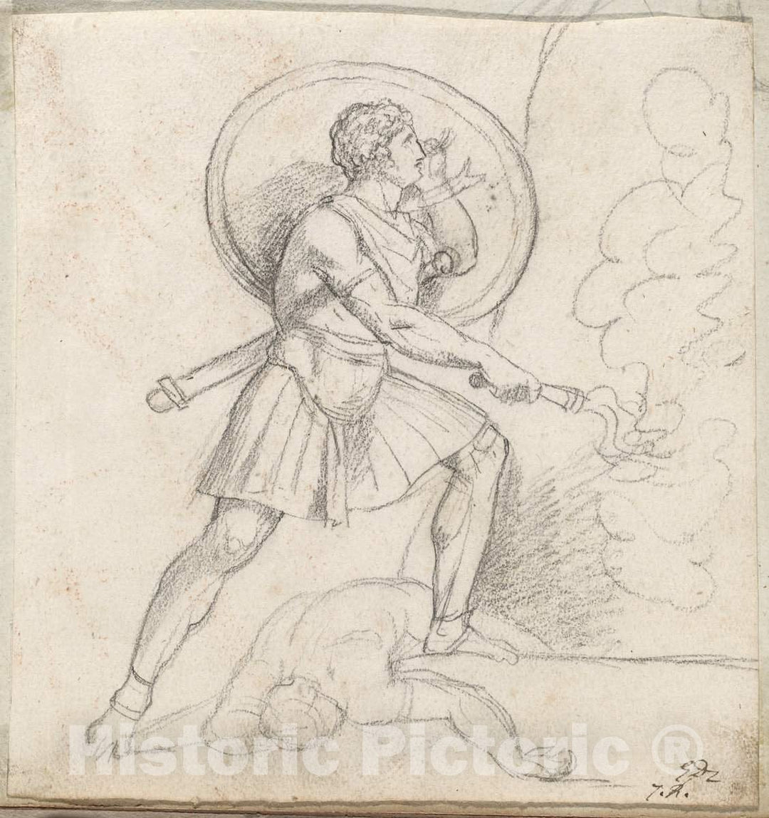 Art Print : Jacques-Louis David, Warrior with a Shield and Torch, c.1775 - Vintage Wall Art