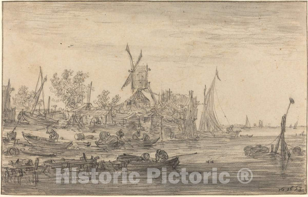 Art Print : Jan Van Goyen, Foreshore Scene with Windmill, 1653 - Vintage Wall Art