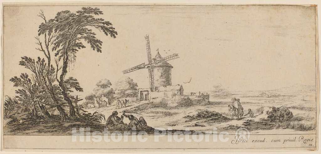 Art Print : Stefano Della Bella, Landscape with Windmill, in or Before 1647 - Vintage Wall Art